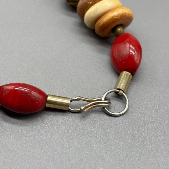 Tribal Style Statement Necklace Brass Bone Horn Wood Stone Beads 1970s Boho - Picture 8 of 16